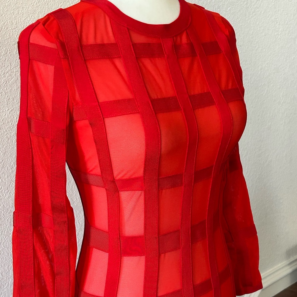 Herve Leger style red binding dress L long sleeve cage pattern bands over mesh